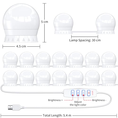 daphomeu Mirror Lights 14 Bulbs, Hollywood Mirror Light Kit, Vanity Lights Perfectly Hidden Cables, 3 Colors and 10 Intensities, USB Make up Lamp for Dressing Table, Bathroom, Bedroom - Cosy Home Interiors daphomeu Mirror Lights 14 Bulbs, Hollywood Mirror Light Kit, Vanity Lights Perfectly Hidden Cables, 3 Colors and 10 Intensities, USB Make up Lamp for Dressing Table, Bathroom, Bedroom - Image 2