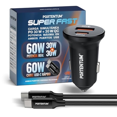 PORTENTUM Doble Cargador Coche Carga Rapida Simultanea 60W + Cable USB C Fast Charge 60 W – USBC PD 30W + USBA QC 30 W – Accesorio Mechero - para iPhone iPad Android Tablet Smarphone Galaxy Consola