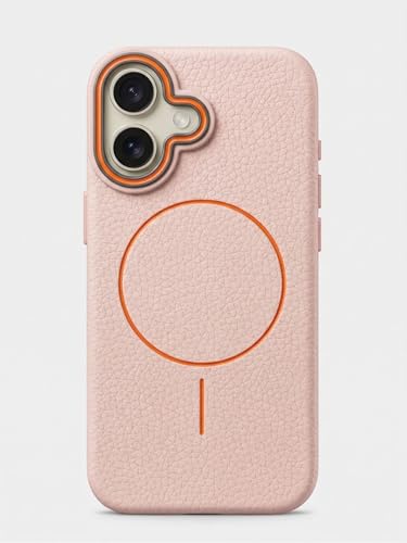 Image of amazon basics Luxury MagSafe Compatible Leather Texture Back Cover for iPhone 17 | Raised Camera Protection | Slim Fit Shockproof Case with Metallic Accents (Pink)