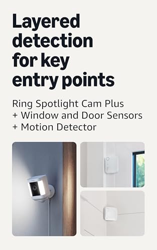 Image of Ring Spotlight Cam Plus, Plug-In, Black with 2 Window and Door Sensors (newest model) and Motion Detector (newest model)