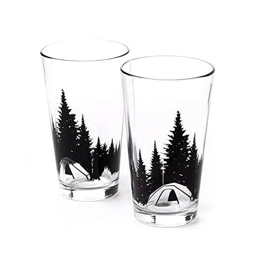 Pint Glasses by Black Lantern – Handmade Craft Beer Glasses and Bar Glassware – Camping in the Woods Design (Set of Two 16oz. Glasses)