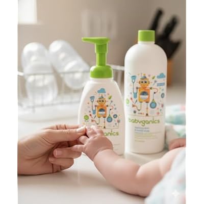 Baby ganics 16 Ounce Dish Dazzler Foaming Dish and Bottle Soap with Refill Kit BUNDLED with Two (2) Bottle Brushes BONUS