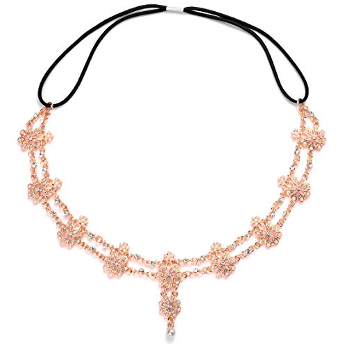 Coucoland Crystal Forehead Chain Headband Bohemian Pearl Head Chain Forehead Headpiece Vintage Hair Band Hair Accessories (Rose Gold)