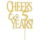 Cheers to 5 Years Cake Topper -Gold Glitter Hello 5 - Happy 5 Birthday Cake Topper 5th Biryhday/Wedding Anniversary Party Decoration