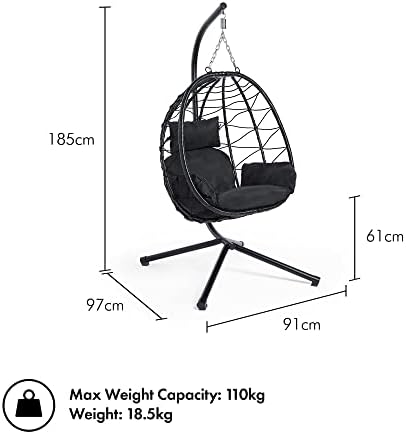 VonHaus Garden Egg Chair & Stand - Black Folding Swing Chair, Cocoon Hanging Chair - Rattan Effect 1 Seater Swing Seat & Comfortable Padded Cushion  Foldable Portable & Compact Outdoor Garden Chair