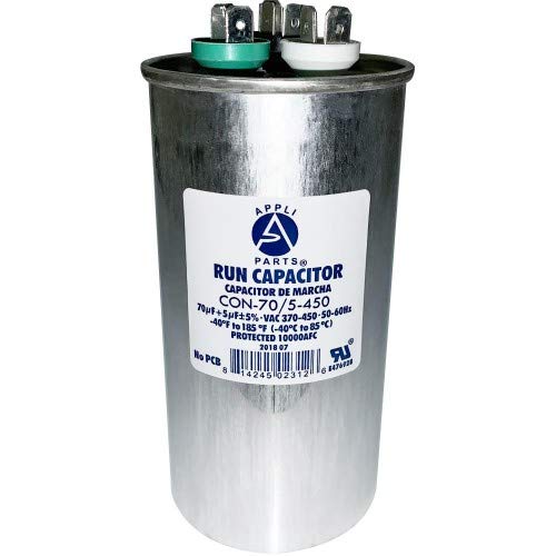 Appli Parts Dual Run Capacitor 70 + 5 Mfd uF (microfarads) 370 VAC or 450 VAC Round CON-70/5-450 Replaces CAP-70/5-450