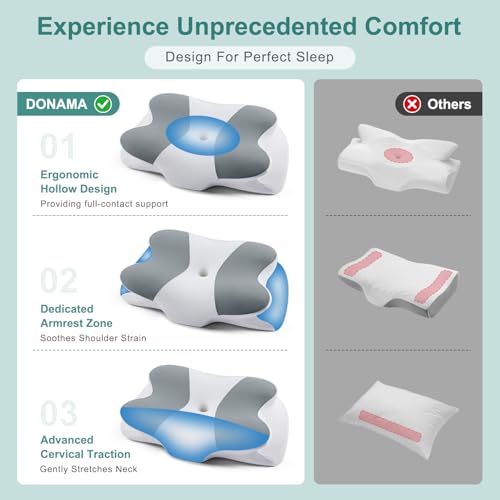 Image of DONAMA Cervical Pillow for Sleeping, Contour Memory Foam Pillow for Neck and Shoulder Support, Ergonomic Neck Pillow for Side Back Stomach Sleepers, Bed Pillows with Cooling Pillowcase