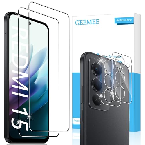 GEEMEE para Xiaomi Redmi 15 4G/5G Protector de Pantalla + Protector de Lente de cámara, 2+2 Piezas 9H Cristal Templado Película Vidrio Templado, HD Instalación Rápida Glass Screen Protector