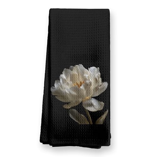 TopXmai Dark Moody Peony Floral Kitchen Towels, Black and White Floral Botanical Dish Tea Towels for Kitchen Decor, Modern Peony White Flower Hand Towel for Bathroom Decor, 16x24 Inch,C107-MJ-ZH