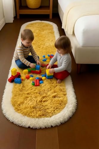 Image of Fluffy Silky Micro Fiber Polyster Carpet /Runner for Bedroom, Study Room, Playing Room, Guest Room ETC. 2x6 feet Feet, (Yellow and Ivory Side boder)