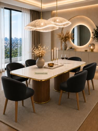 Image of 6 Seater Dining Table and Chair with Nano Composite Marble Top and Golden Strip Set | 72 x 36 x 30 Inch Solid Wood Base with Swed Fabric Finish Dining Furniture for Living Room Home (Black)