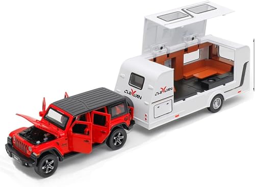 Image of 1:32 Wrangler Rubicon with Trailer - Red Alloy Diecast Pullback Metal Car Toy with Sound Light & Opening Doors - Best Gift Toy for Kids