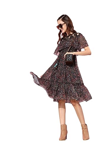 Image of Miss Chase Women's Round Neck Sleeveless Polyester Ruffled Knee- Length Dress