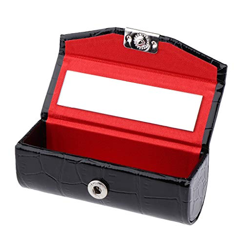 Fityle Durable Soft Leather Lipstick Case Holder Organizer Bag for Purse Cosmetic Storage Kit With Mirror - Black