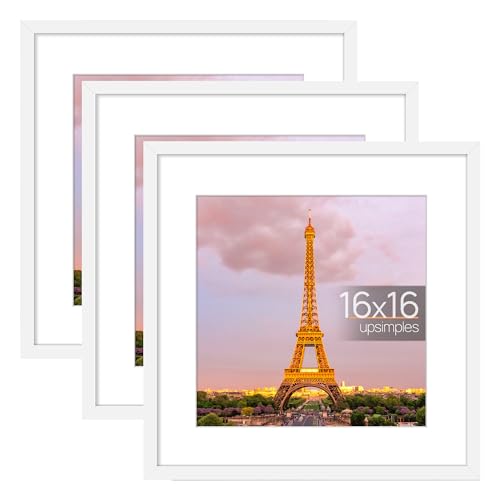 Image of upsimples 16x16 Picture Frame Set of 3, Made of High Definition Glass for 12x12 with Mat or 16 x 16 Without, White, Wall and Tabletop Display Poster Frames