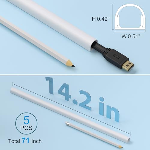 Image of ZhiYo 71in Cord Cover for 1 Wire on Wall, 0.5 inch W x 0.4 inch H, White | Upgraded Mini Raceway, Extra Capacity for Extension Cords, Half-Round Glazed Finish, Self-Adhesive, 5 Pack (14.2 inch Each)