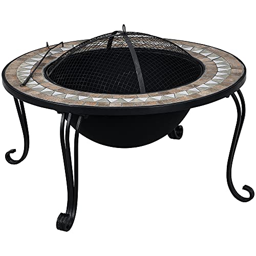 Firstime & Co. Brown Artemis Fire Pit With Screen Lid, Wood Burning Fire Pit For Garden, Backyard, Patio, Mosaic Tiles, 31.5 X 31.5 X 22.25 Inches #TOP4