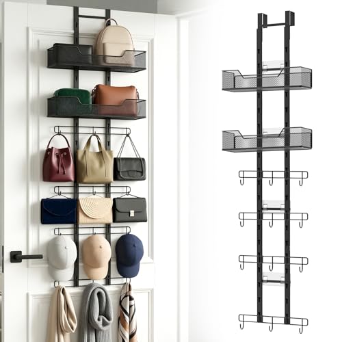 Oslora Purse Organizer Bag Organizer for Closet Door Over The Door Hanging Handbag Storage Rack with Adjustable 12 Metal Hooks & 2 Baskets Foldable No Tools Installation