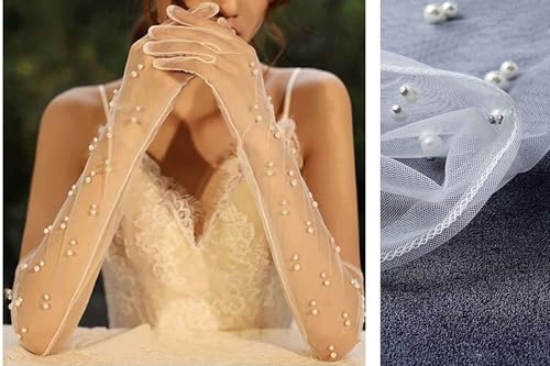 Women Long Gloves with Pearls for Wedding Full Finger Bridal Party Evening Gloves Mesh3