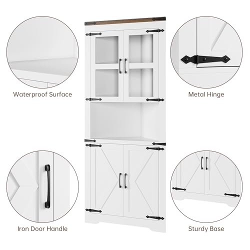 GAOMON Farmhouse Corner Cabinet, Tall Corner Storage with Glass Door & Adjustable Shelves, Bathroom Cabinet with Storage for Living Room, Kitchen, Bathroom, White