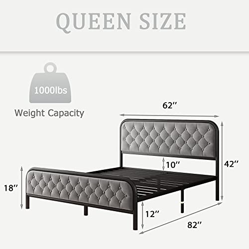 Ipormis Queen Size Metal Platform Bed Frame, Vintage Upholstered Bed Frame With Button Tufted Headboard & Footboard, Heavy Duty Steel Slats, 12" Underbed Space, Easy Assembly, Black And Gray #TOP1