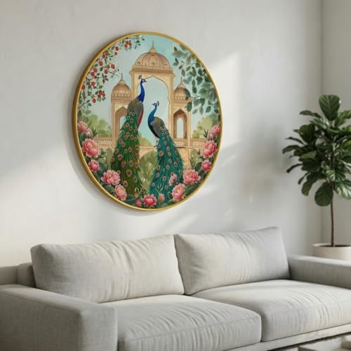 Image of SAF Royal Peacock Couple Wall Painting Round PVC Golden Frame Floral Garden Artwork Elegant Bird Art for Living Room Bedroom Hallway Office Home Decor (23 x 23 Inch) GR-411