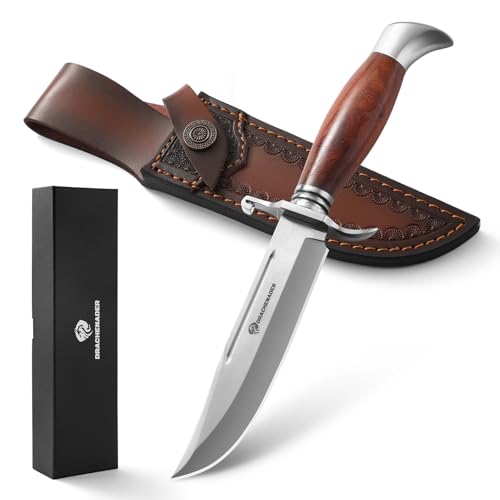 DRACHENADER Bowie Knife, 10.5 Inch Hunting Knife with Sheath, Outdoor Survival Bushcraft Fixed Blade Knife, Comfortable African Rosewood Handle, Incl. Black Gift Box