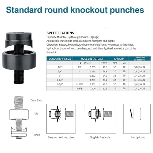 Hydraulic Knockout Punch Driver Kit - 6 Dies, 1/2" to 2" Hole, Manual Tool for Soft Steel Plate Conduit Punching, Durable Hand Tool (Color: 8)