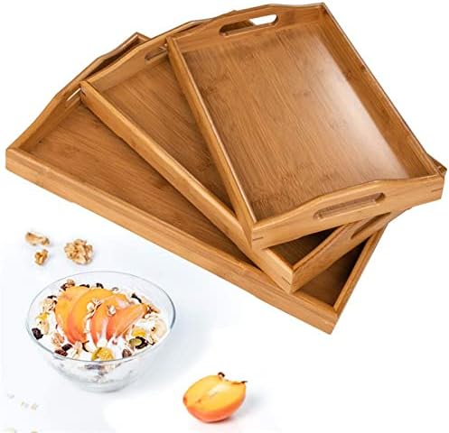 electromax Nest of 3 Serving Trays, Bamboo Serving Tray Set, Breakfast Serving Trays,Bamboo Food Serving Trays with Carry Handles, Easy to Store, Durable and Easy to Clean,