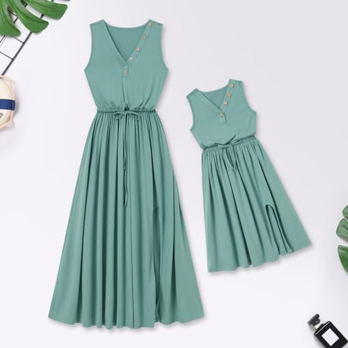 AWIBMK Mommy and Me Matching Dresses V Neck Split Tie Front Ruffle Dress Adjustable Drawstring Mom Daughter Outfits3