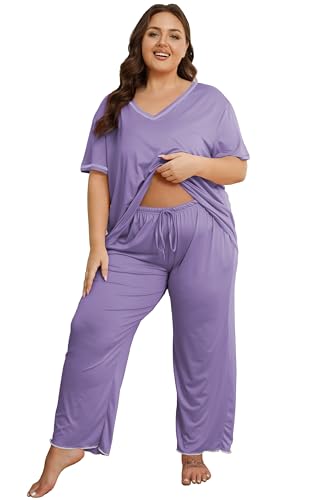 Image of Vozanet Women's Plus Size Pajama Sets Short Sleeve Long Pants Solid Color with Piping Trim Elegant Loungewear Cozy Sleepwear