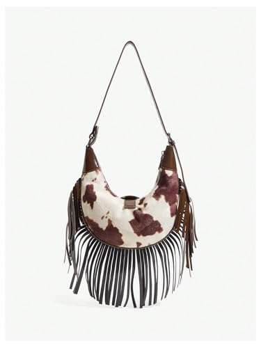 QWINEE Women's Boho Tassel Shoulder Bag Fringe Buckle Zipper Top Handle Underarm Handbag2