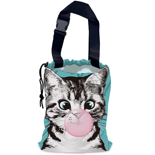Image of Cute Cat Car Trash Bag,Kitten Blow Bubble Gum Hanging Drawstring Car Garbage Bag,Waterproof Canvas Car Back Seat Organizer with Adjustable Buckle,for Vehicles,SUVs,Camping,Road Trips