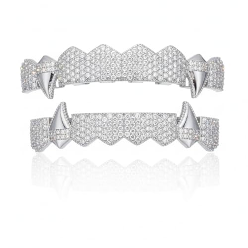 AISGRIL Grillz Teeth 18K Gold Plated Inlaid Shining Zircon Vampire fangs Teeth Hip Hop Street Rapper Grills Tooth for Men Women Halloween Christmas