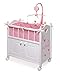 Badger Basket Wooden Toy Doll Bed with Storage, Mobile, and Bedding - Includes Wheels and Free Personalization Kit to Pretend and Play - White with Pink Chevron Fabric