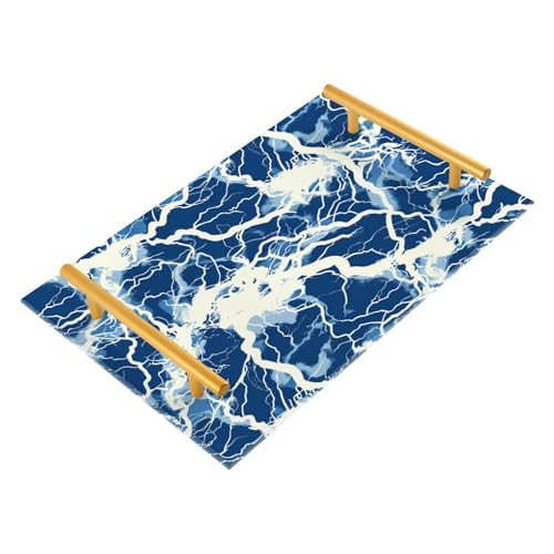 Lightning Bolts - Bandeja grande decorativa azul y blanca con asas, bandeja rectangular para servir joyas, perfumes, servicio de habitación, charola para comida