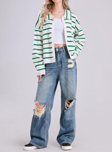 Image of chouyatou Women's Button Down Striped Cardigan Sweater Polo Collar Open Front Knit Jacket 2024 Fall Outfits