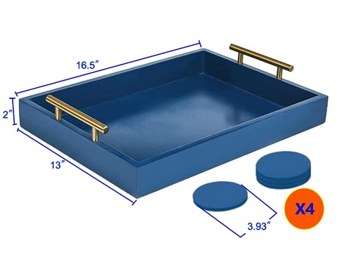 Juleduo Serving Tray, Deluxe Tray For Coffee Table With Polished Metal Handles And 4 Coasters, Living Room Bathroom Coffee Bar Organizer Modern Decorative Tray, For Storage And Display (Blue) #TOP2
