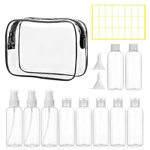 10Pcs Travel Bottles for Toiletries, Travel Size Toiletries 100ml, Leak Proof Refillable Travel Containers for Travel Makeup with Labels, Funnel and Toiletry Bag