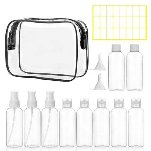 Roosea 10 PCS Botellas de Viaje Avion 100ml botes Viaje Rellenables Frascos Viaje Avion 100ml Travel Bottles Transparente Para Cosméticos Acondicionador Loción Champú y Mas con Embudo y Etiquetas