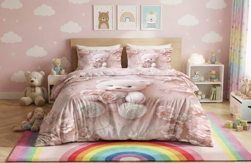 Image of HOMEKART Kids Cloud Cotton Bedsheet Double Bed | 210 TC Cartoon Printed Bedding Set with 2 Pillow Covers 7D | Soft, Wrinkle-Free | 108 x 108 Inches (Cute Teddy Bear Floral)