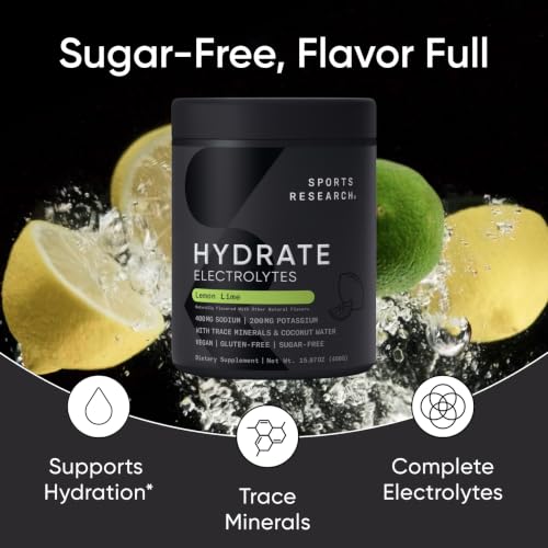 Image of Sports Research Hydrate Electrolytes Lemon Lime, 90 Servings | Sugar-Free & Flavorful with 7 Essential Vitamins, 65 Trace Minerals, and Coconut Water for Whole Body Hydration