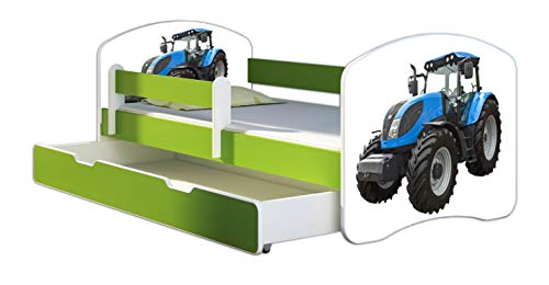 ACMA Kinderbett Jugendbett mit Einer Schublade und Matratze Grün mit Rausfallschutz Lattenrost II 140x70 160x80 180x80 (42 Traktor, 180x80 + Bettkasten) Cover