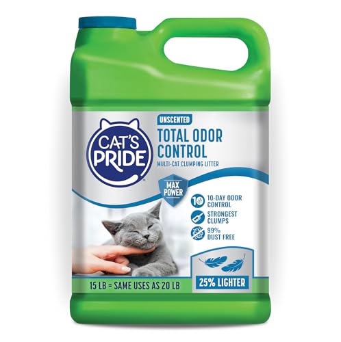 Cat's Pride Max Power: Total Odor Control - Up to 10 Days of Powerful Odor Control - Strong Clumping - Hypoallergenic - 99% Dust Free - Multi-Cat Litter, Unscented, 15 Pounds