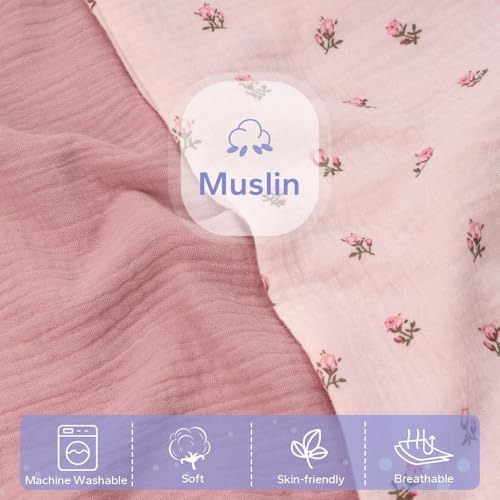 Image of FUNUPUP Muslin Baby Lounger Cover Only, Pink & Pink Flower | 100% Muslin Cotton Soft Breathable Easy On /Off Envelope Closure Machine Washable Easy-Clean Protector Neutral Colors