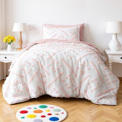 Amazon Basics 5-Piece Kids' Bed-in-a-Bag, Jacquard Microfiber Bedding Set with Comforter, Sheets, and Pillowcases, All-Season, Pink Tufted, Twin