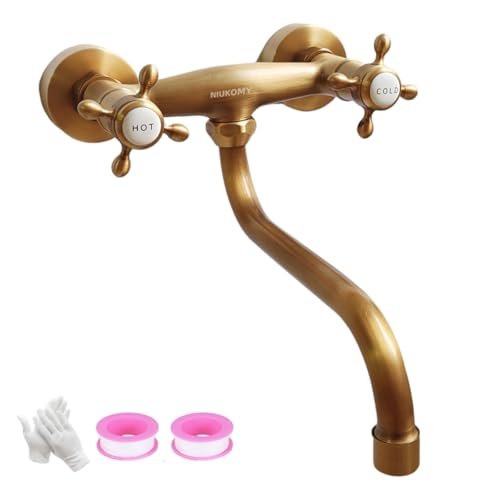 NIUKOMY Vintage Küchenarmatur Wandmontage, Wasserhahn Küche Messing Antik, 360°Drehbar Doppelgriff Spültischarmatur Mischbatterie Lange Auslauf für Badezimmer Badewanne Waschküche