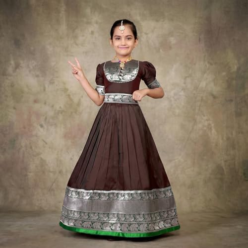 Image of Girls Silk Pattu Gown for Kids Traditional South Indian Long Ethnic Dress | Baby Girl Festival Pavadai Sattai Style Party Wedding Birthday Special Occasion Outfit