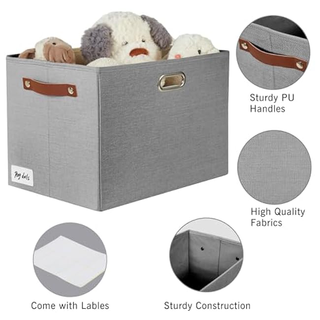 Linen Fabric Foldable Storage Bin 3 Pack 16.7x12x12¡± + Large Fabric Storage Bins with 3 Handles 17x11.8x11.8, Full Gray