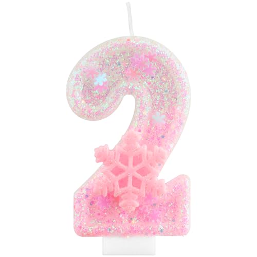 2 candele di compleanno glitterate con fiocco di neve rosa numero 2 candele per torte, decorazioni per il 2° compleanno per ragazze, decorazioni per torte a tema congelato, per ragazze e donne